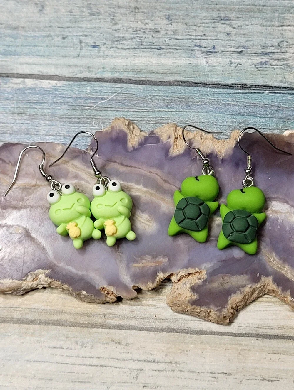 Cute Green Turtle & Frog Kids Earrings - Set of 2 Pairs